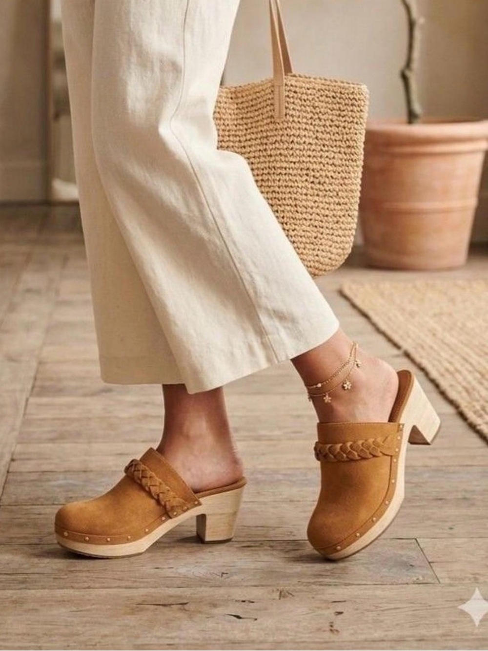 J.Crew Tan Platform Mule Clogs Faux Suede Braided Wood Heel 70s Boho Retro Chic